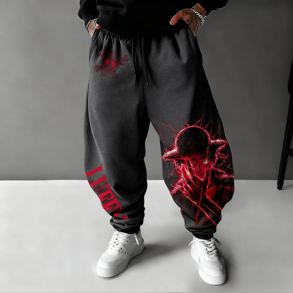 One Piece  Autumn/Winter New Cotton Sweet Pants Luffy Anime Printed Men's New Loose Oversize Casual Fashion Hip Hop Tight Pants