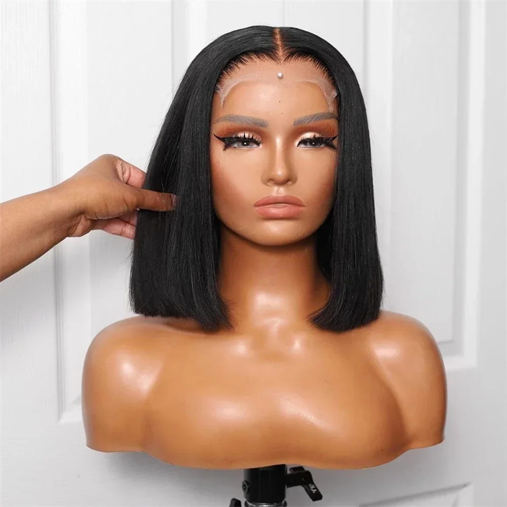 

Soft Short Bob Black Silky Straight 180Density Deep Lace Front Wig For African Women Synthetic Babyhair Preplucked Daily Cosplay