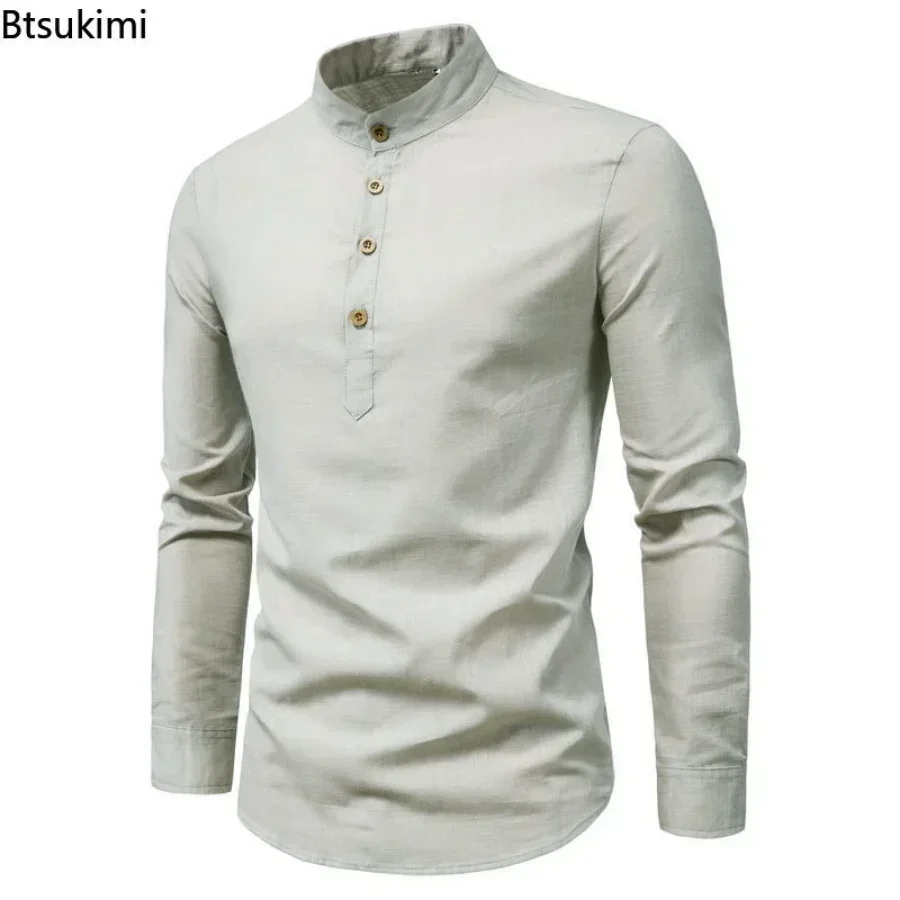 새로운 2025 남성용 비즈니스 셔츠 솔리드 슬림 공식 오피스 통기성 탑 셔츠 남성용 코튼 린넨 긴 소매 셔츠 남성 M-5XL