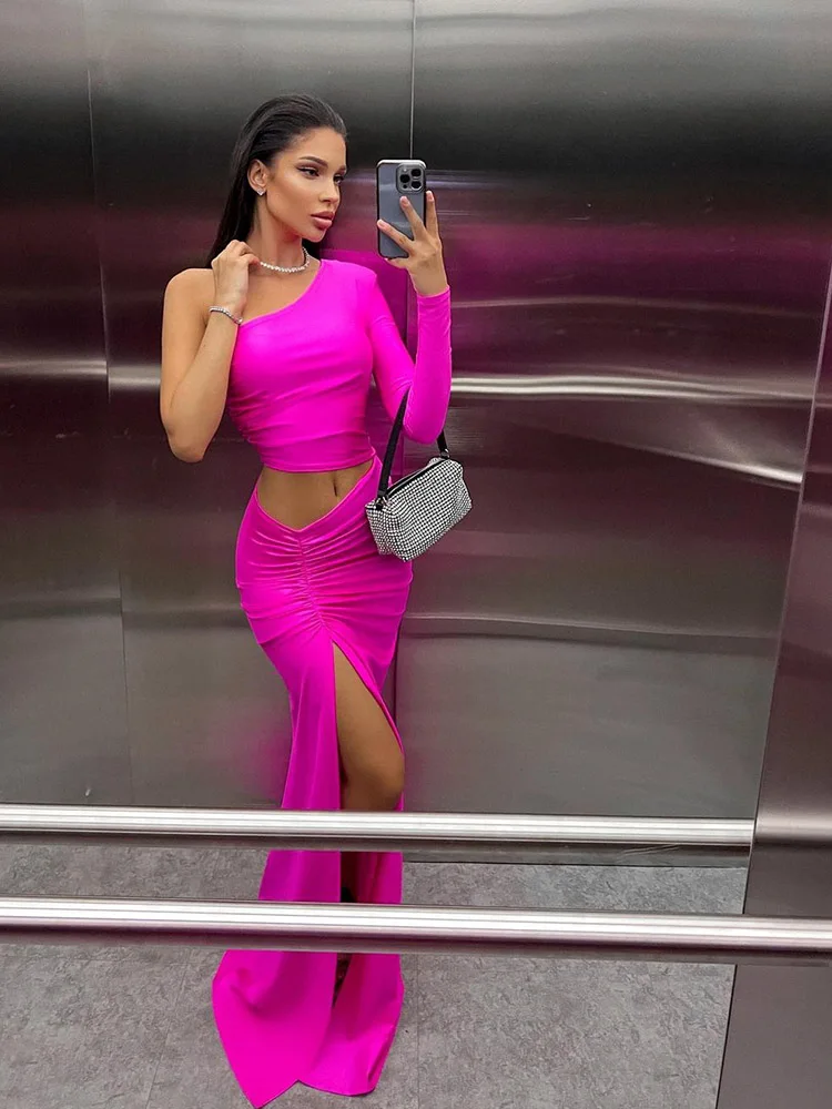 Huhugirl One Shoulder Cut Out Split Ruched Maxi Dresses for Women Elegant Party Gown Female Sexy Birthday Outfits Vestidos Robes