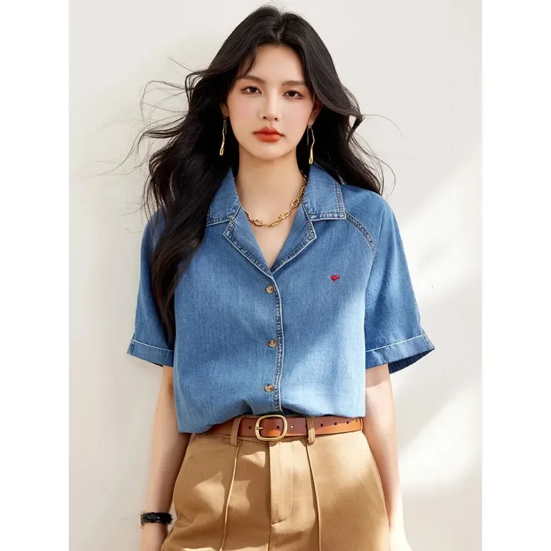 Chemises en denim décontractées pour femmes, chemise à manches courtes, simple boutonnage, style coréen, mode vintage, nouveau, 2024