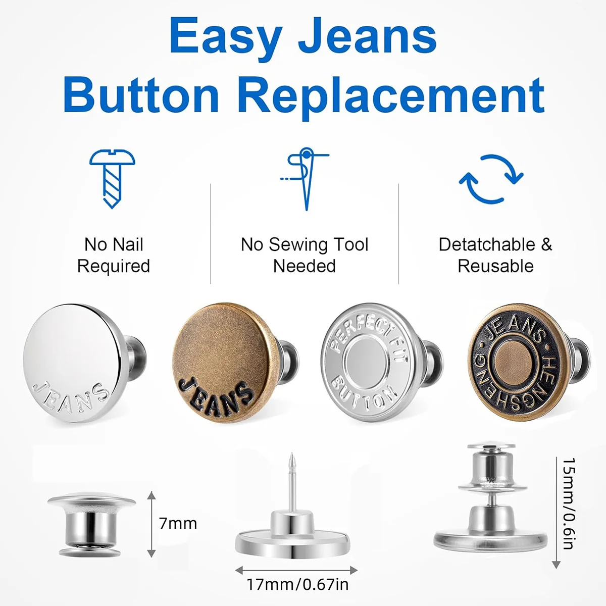 8 sets of 16 Button Clips suitable for Loose Jeans, Seamless Adjustable and Reusable Metal Pants Button Fasteners