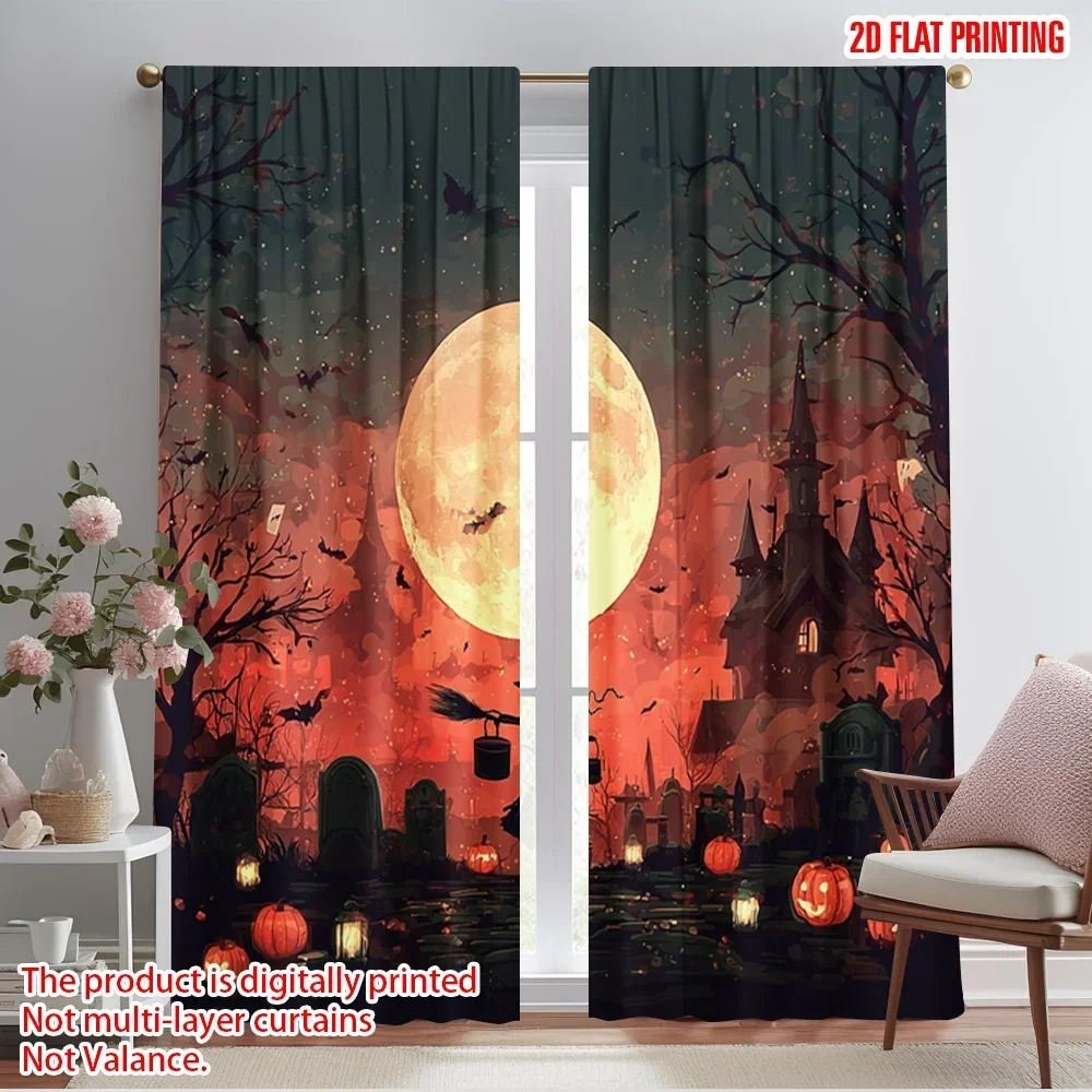 2pcs,2D plane printing Curtain Popular Halloween Witch Flying on Broomstick3 Polyester Woven (without rod) Decorations Outdoor