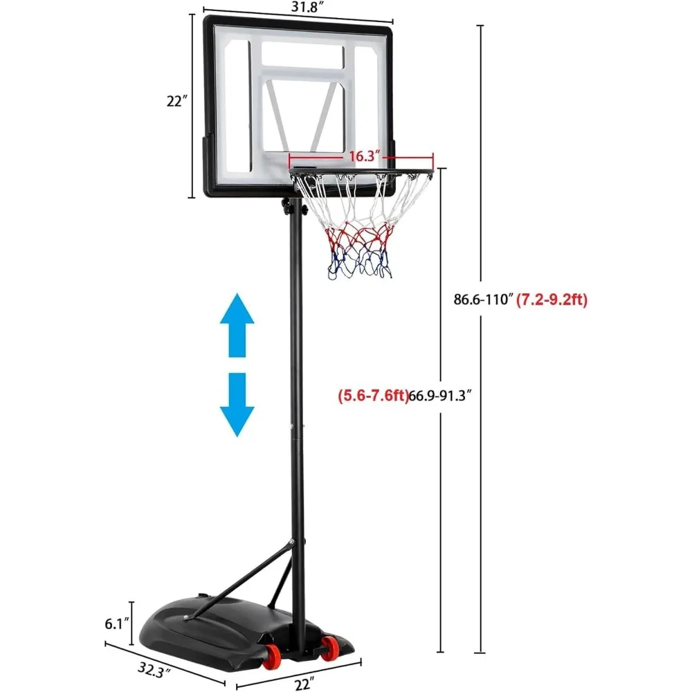 Cesta de basquete portátil ajustável para crianças e adultos, altura de 9,2 pés, adequada para jogos de entrada e quintal, aro de 32 polegadas