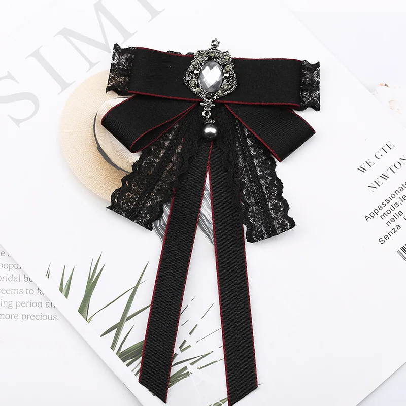 British and Korean Department Vintage College Geomantic Diamond Lace Bow Shirt Bow Tie Versatile Simple Brooch Accessories
