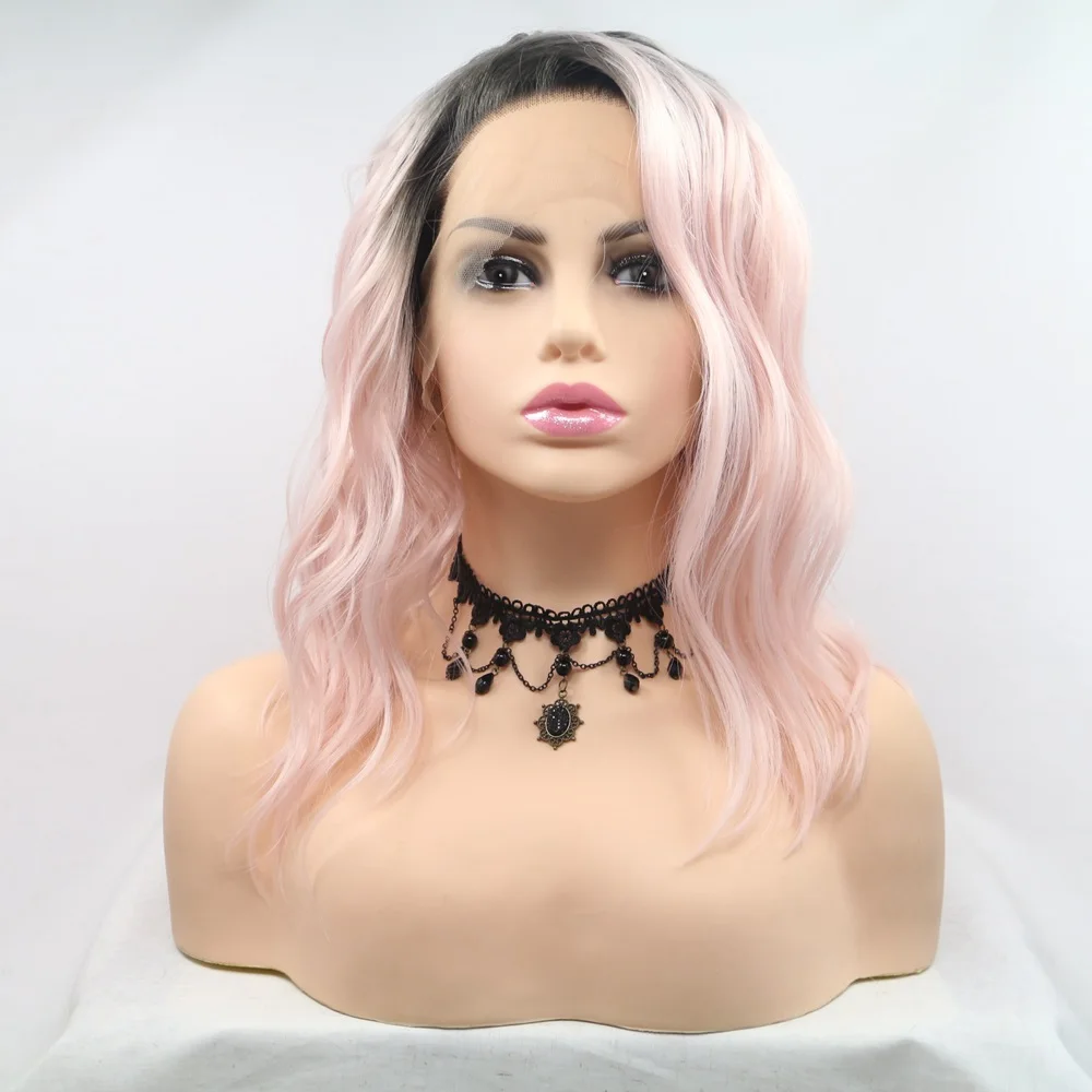 Pink Black Gray Blonde Ombre Wigs Synthetic Hair Lace Front Kinky Curly With Heat resistant Fiber For Women