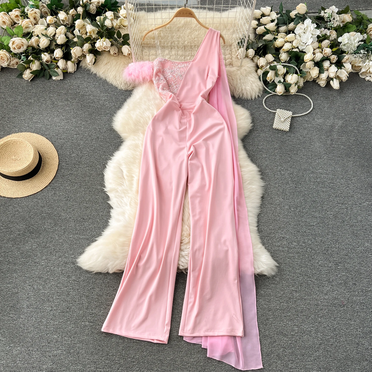 Chic Asymmetrical Off Shoulder Sleeveless Sequin Jumpsuit Elegant High Waist Romper Casual Wide Leg Pants Autumn Women Playsuit