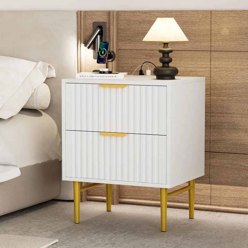 White Nightstand Set of 2 with Charging Station, Fluted Nightstand with Drawers, Modern Bedside Table with Gold Legs