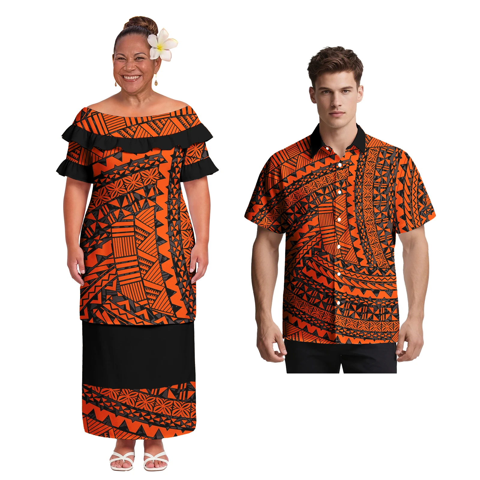 

High quality Lover Clothing Polynesian Festival Women's Puletasi Dress Men's Aloha Shirt Samoa Tribe Couple Set