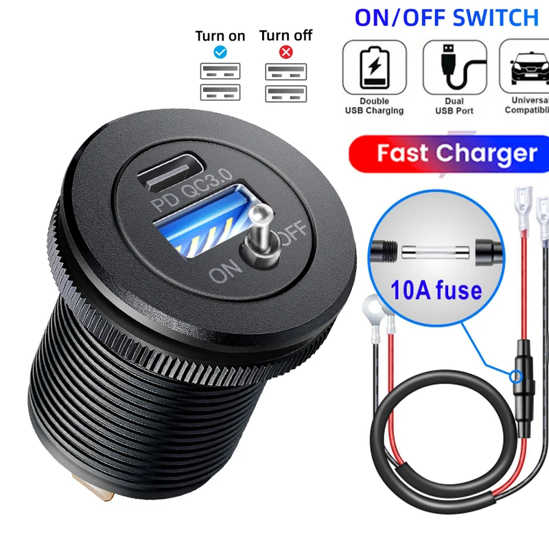 

SWITCH SOCKET 12V/24V USB Outlet 36W 2Port Dual PD USB C Car Charger Socket and Quick Charge 3.0 USB Charger with Power Switch