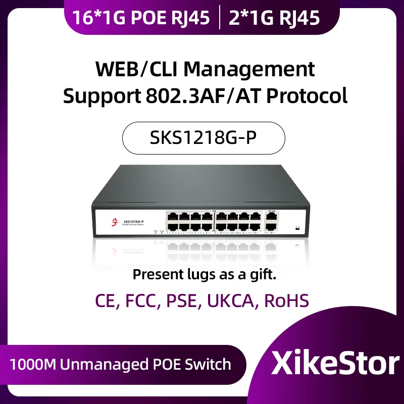 XikeStor 1000M Unmanaged POE 16 Ports 1000M POE RJ45 2 Ports 1000M SFP Ethernet Plug and Play Internet