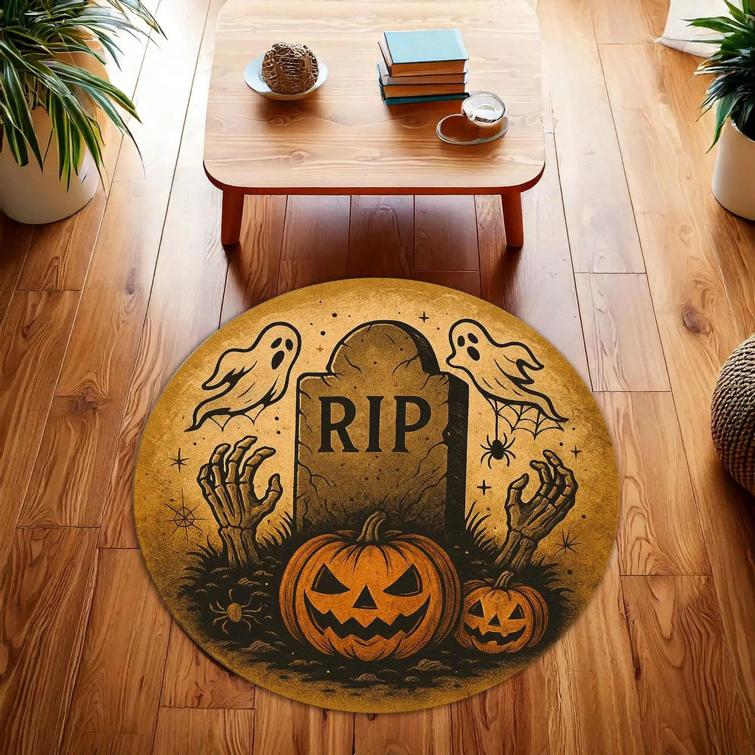 【Room Decoration Carpet】Halloween Circular Carpet with Tombstone Designs Featuring Ghosts, Pumpkins, and Skeleton Hands, Creating a Spooky Atmosphere, Suitable for Haunted House or Witch-Themed Decorations.