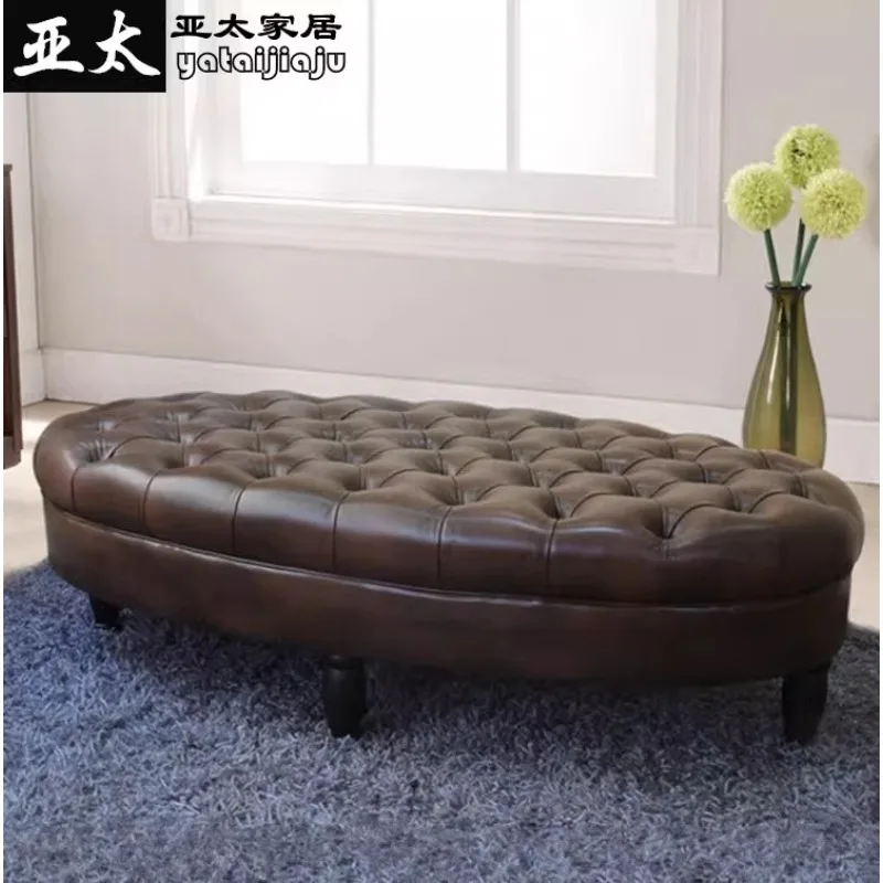 European leather shoe changing stool clothing store cloakroom stool cowhide sofa stool oval bed tail pedal long leather pier