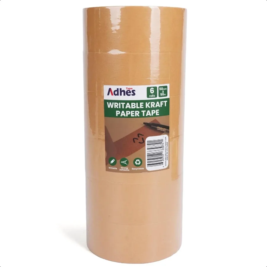 

Adhes Writable Kraft Paper Tape 6 Rolls 1.96 Inch x 55 Yards Writable Packing Tape with Strong Adhesive EcoFriendly and Tearabl