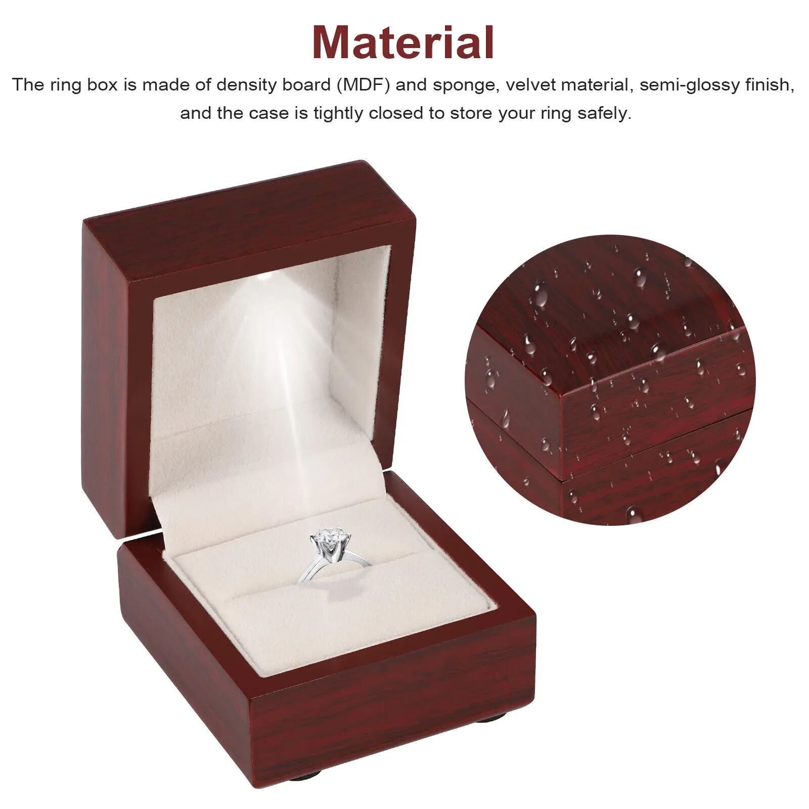 1pc LED Illuminated Wooden Ring Box Red Velvet, Proposal Engagement Wedding Gift Holder with Light