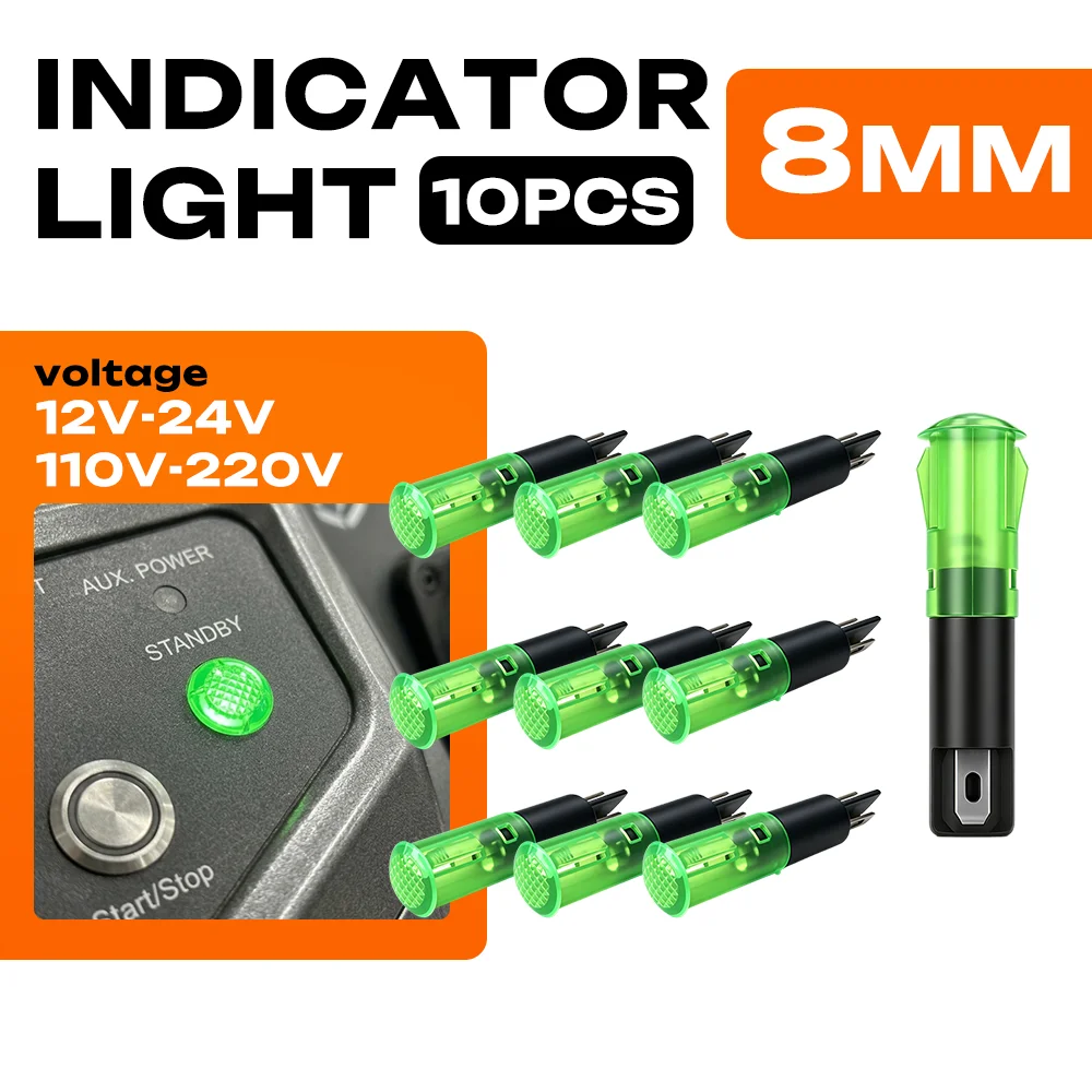 FILN 10PCS 8mm IP67 Waterproof Warning Lights 12V-24V/110V-220V LED Indicator Lamps for Car Boat Facility Equipment Status Panel