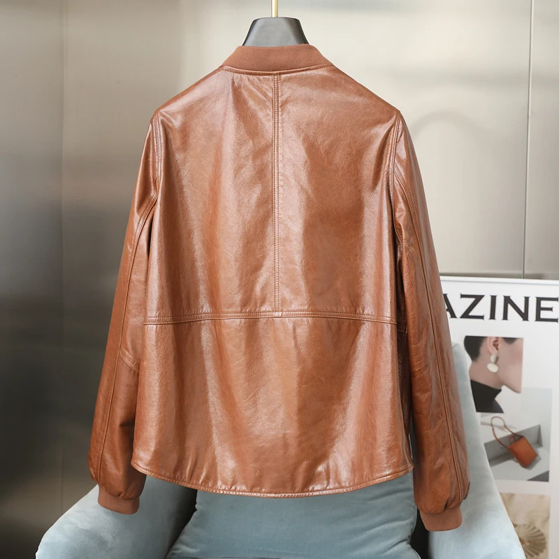 AYUNSUE-Chaqueta de piel auténtica para mujer, abrigo de piel de cabra auténtica, holgado, corto, de béisbol, primavera y otoño, 2023