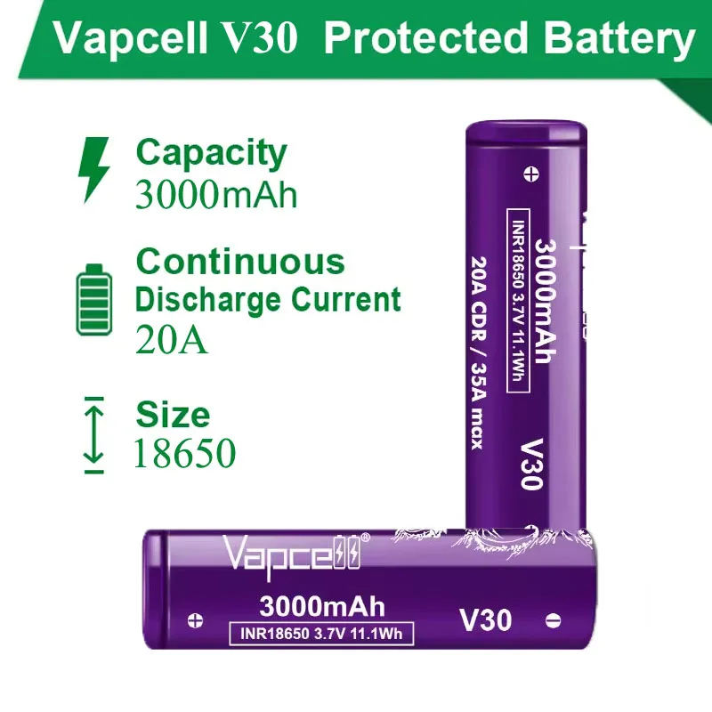 Original Vapcell V30 18650 3000mah Battery 20A CDR/35A MAX 3.7V 11.1Wh Rechargeable Lithium Batteries INR 18650 Power Tools