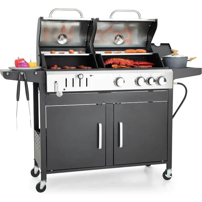 Propane Gas Grill and Charcoal Grill Combo with Side Burner Porcelain-Enameled Cast Iron Grate BBQ Grill for Outdoor Kitchen