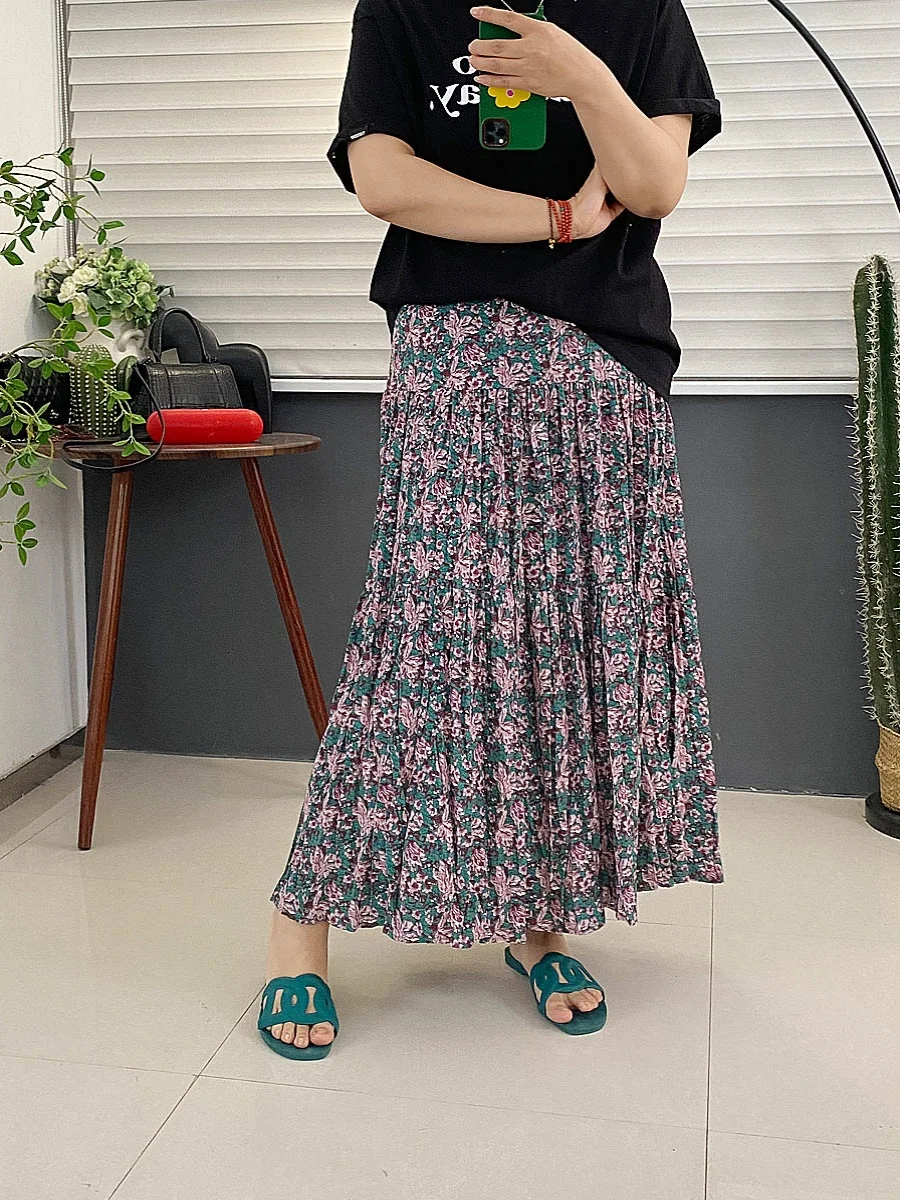 

Vintage Floral Print f Skirt Pleated Thin High Waist A-Line Long Skirt Women's Daily Wear Loose Fit Summer Season