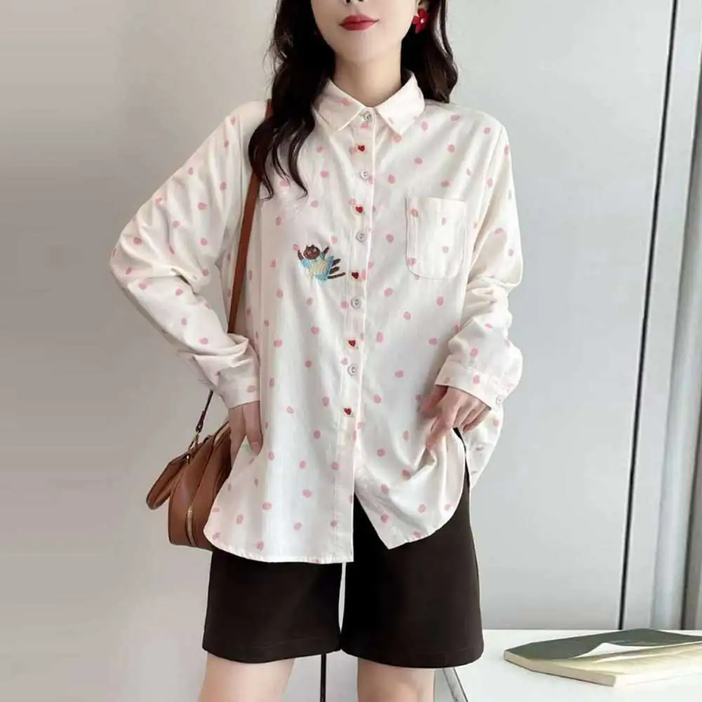 

Japanese Vintage Mori Girl Dot Print Rabbit Embroidery Corduroy Shirts Women Autumn Turn Down Collar Long Sleeve Casual Blouse