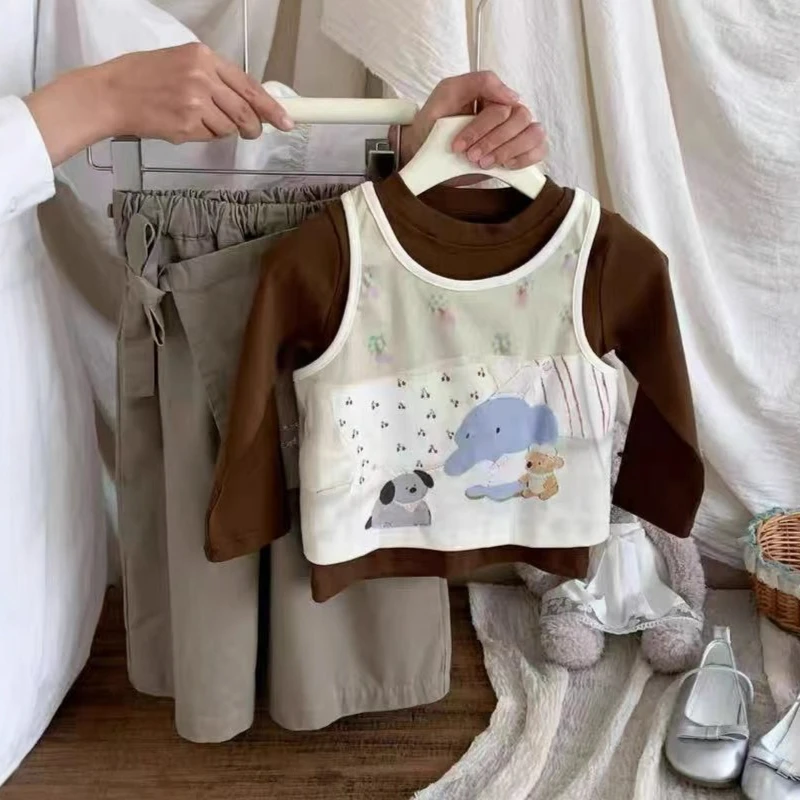 

Комплекты одежды для девочек, комплект из трех предметов, милый жилет для девочек, рубашка с многослойным низом, стильные модные широкие брюки с занавеской