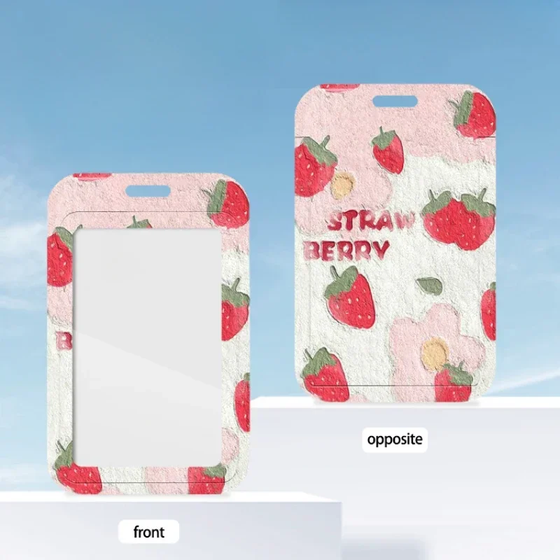 Strawberry Flowers Business Card Holder with Retractable Spring Cord for Bus Campus Lunch Card Door Card Kpop Photocard Holder