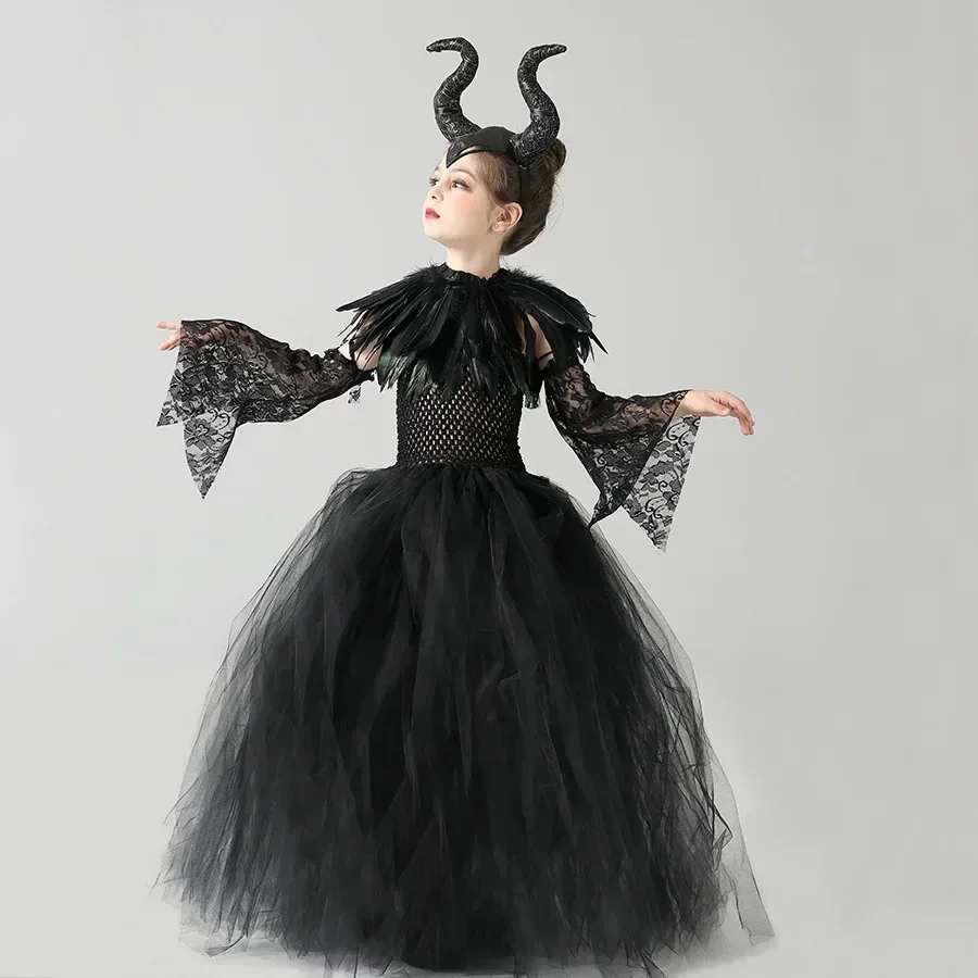 Dunkles Gothic-Cosplay-Kleid für Mädchen, Kinder-Halloween-Kostüm mit Hörnern und Flügeln, Accessoires für Party, Bühnenauftritt, Verkleidung – Detail 4