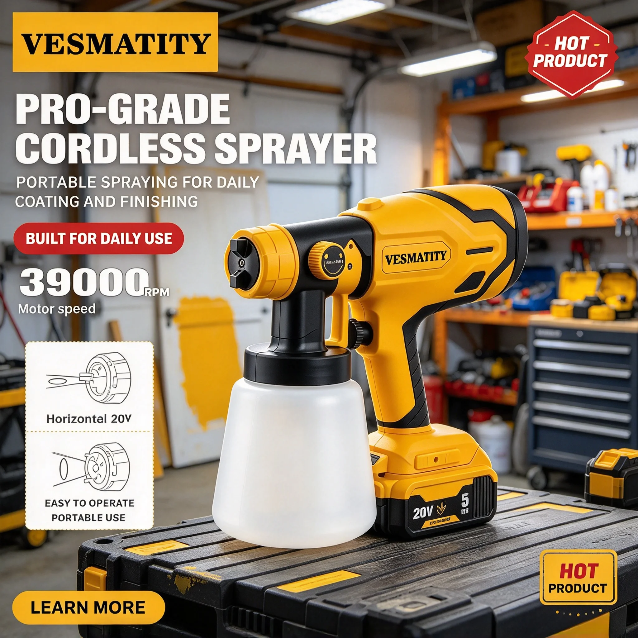 Cordless Paint Sprayer 20V - 조절 가능한 HVLP 무선 페인트 분무기,