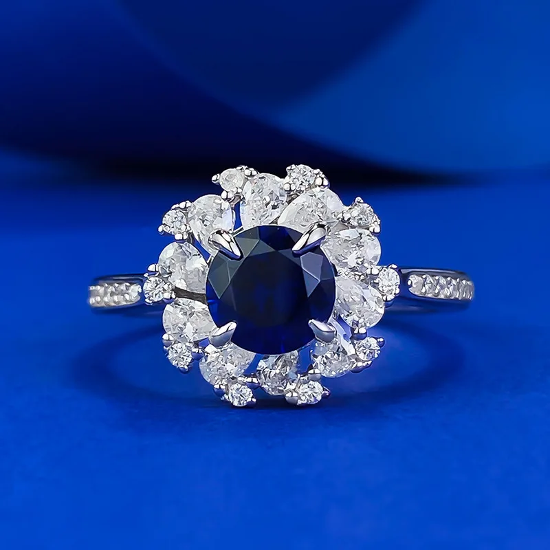 

925 Sterling Silver White Gold Plated Cubic Zirconia Sapphire Diamond Flower Ring for Women