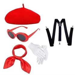 Ecoparty Womens Costume Accessories French Beret Hat Sheer Chiffon Scarf Deluxe Theatrical Gloves White Clout Goggles disfraz
