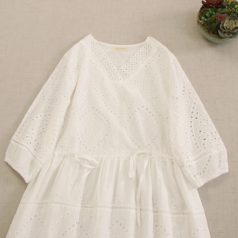 Japanese Sweet Mori Girl Embroidery Hollow Out Cotton Midi Dress Women V-Neck Three Quarter Sleeve Loose Drawstring Waist Dress