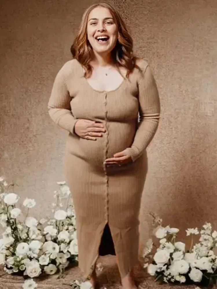 Maternity Photography Dress Khaki Ribbed Knit Pregnancy Photoshoot Outfit Long Sleeve Bodycon Gown Maternity Photo Shoot Clothes