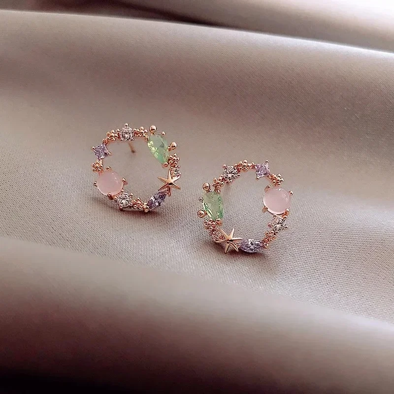 Nuevos pendientes coreanos clásicos redondos de cristal rosa y verde para mujer, joyería circular de flores dulces, regalos creativos Brincos de moda
