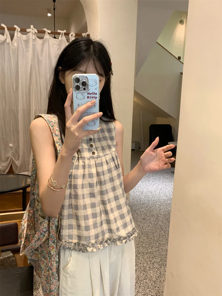 Korean style Vintage Sweet Plaid Tanks Women Summer Casual Blouse Bow Bandage Tank Tops Kawaii Fairy Camisoles Y2k Shirt