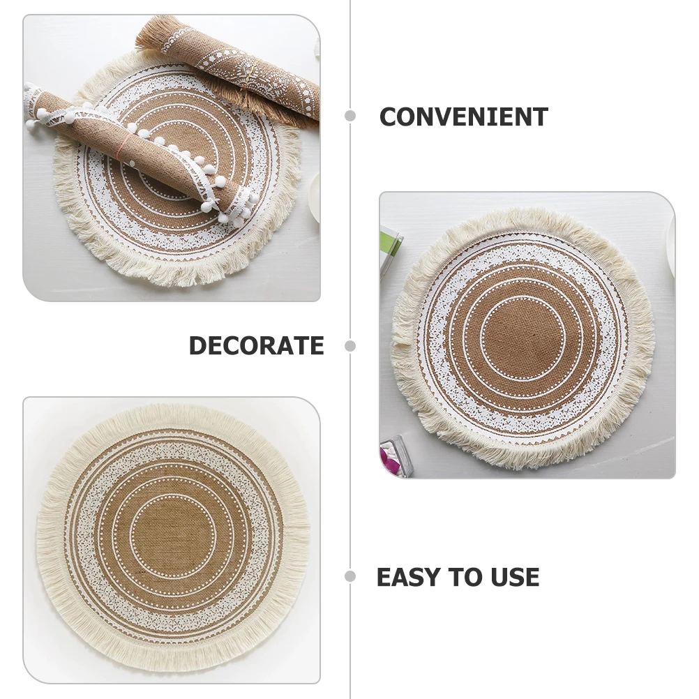

Vintage Printed Tassel Edge Insulated Placemat White Cotton Pattern 2 Dining Heat Household Oval Rustic Woven Mat