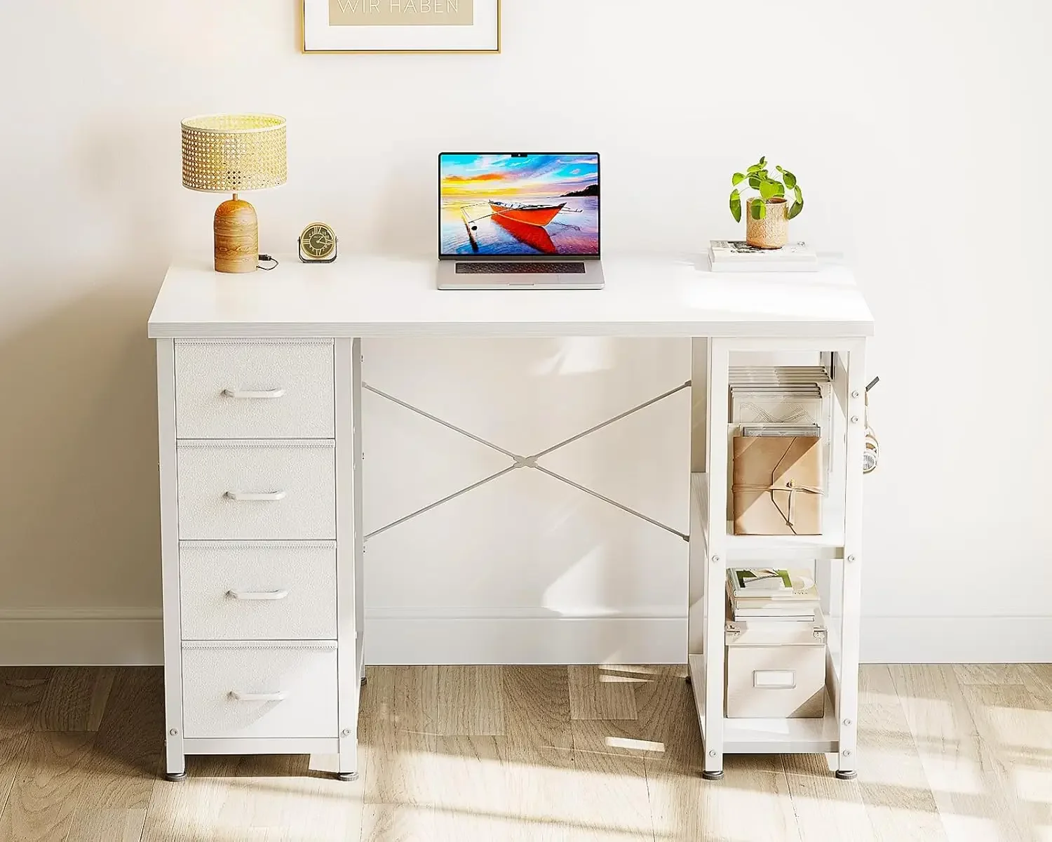 40 Inch Small White Computer Desk with 4 Fabric Drawers, Modern Writing PC Desk