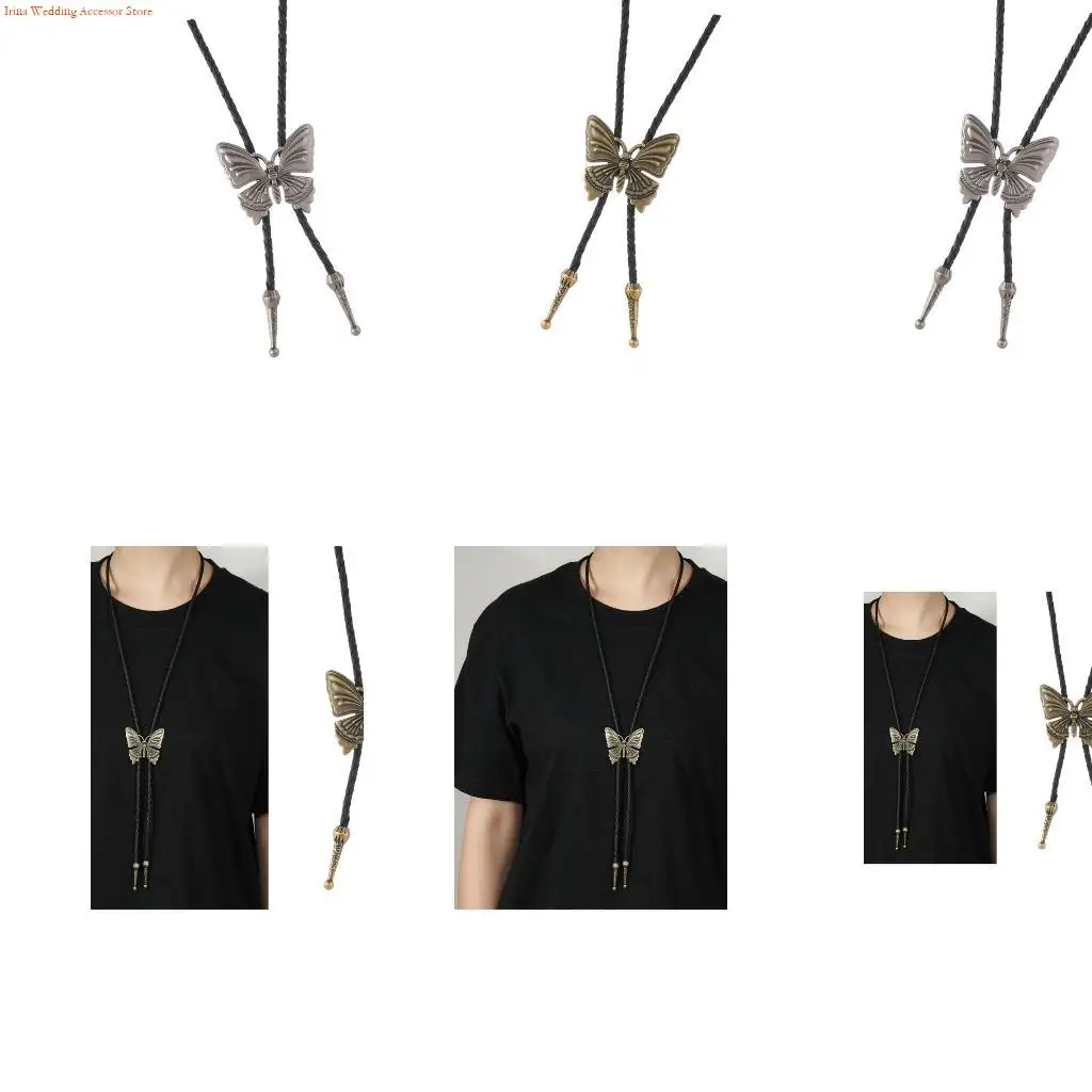 G92D Western Bolo Tie With Alloy Butterfly Pendant Adjustable Leather Cord Necklace