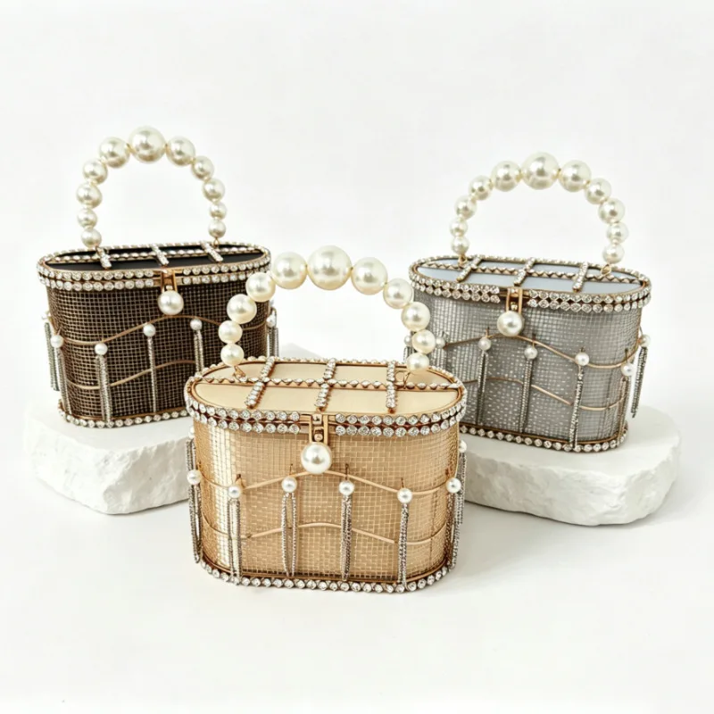 Pearl Diamond Metal Mesh Dinner Handbag Light Luxury Celebrity Style High-End Banquet Bag