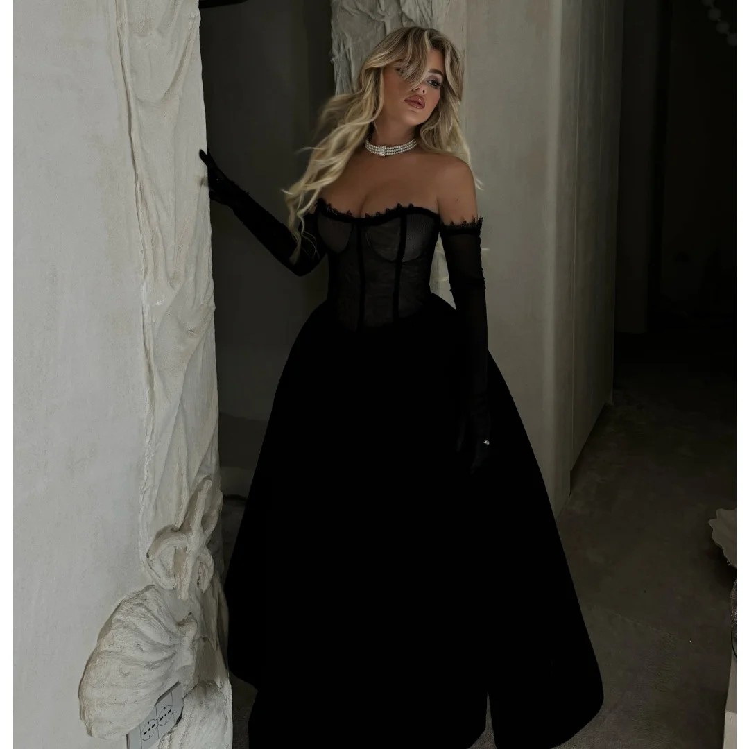 

Black Corset Evening Dresses Elegant Puff Prom Dress with Gloves Long Party Gown Gala Vestidos Customized