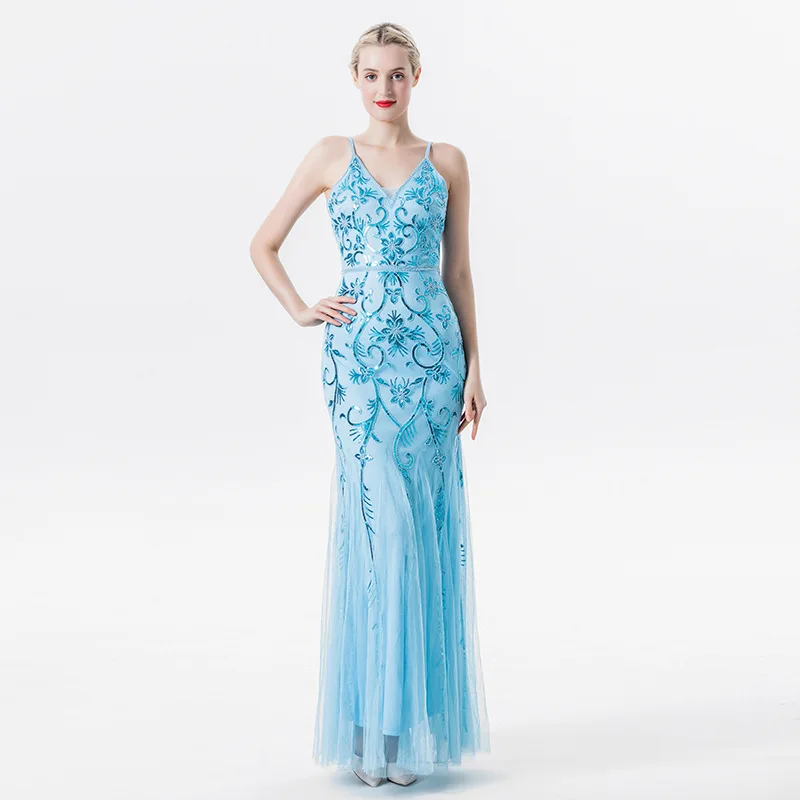 

Sexy Elegant Sequined Evening Dresses Pattern Lace Spaghetti Straps V Neck Prom Gown Open Back Mermaid Tulle Woman Long Dress