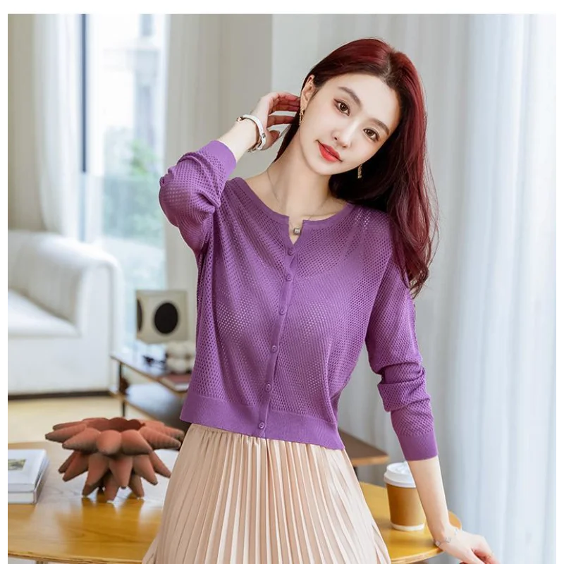 

Ice Silk Sunscreen Shirt Women Long Sleeve Thin Air Conditioning Top Short Hollow Knit Cardigan