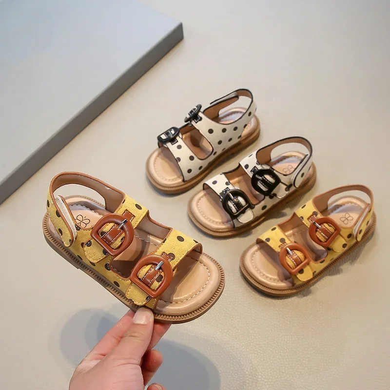 

Children's Sandals Summer 2-16 Years Old Yellow Polka Dot Open Toe Girls Beach Sandals Beige Soft Non-slip Girls Birken Shoes