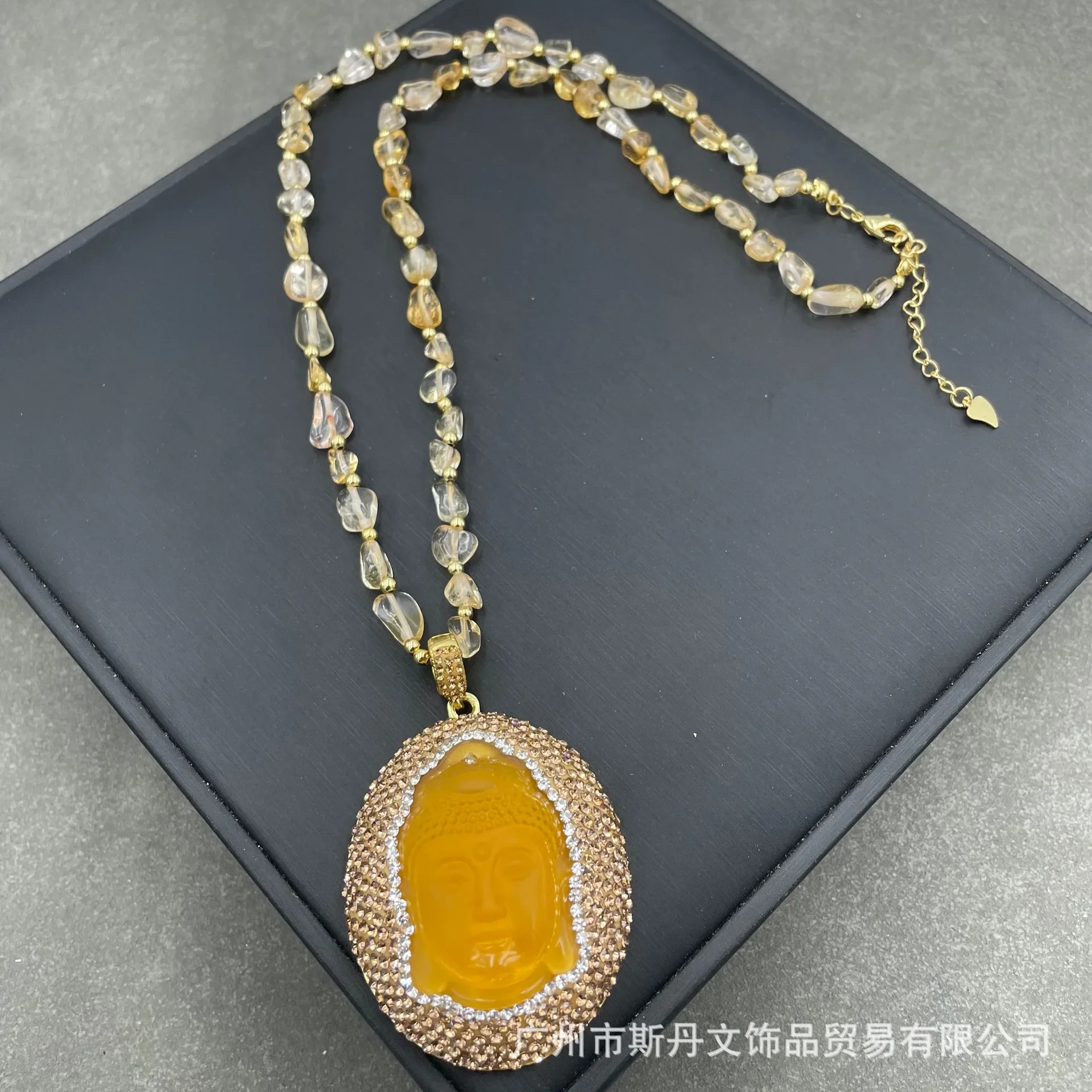 New glazed Buddha Gong pendant natural topaz rough stone necklace original design retro Czech diamond sweater chain wholesale