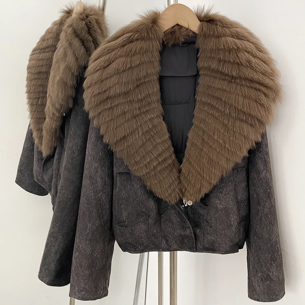 OFTBUY Dicke Daunenjacke mit Echtem Fell-Reißverschluss, Elegante Gesteppte Oberbekleidung, Gestreifter Fuchspelzkragen, Warmer Wintermantel für Damen – Detail 8