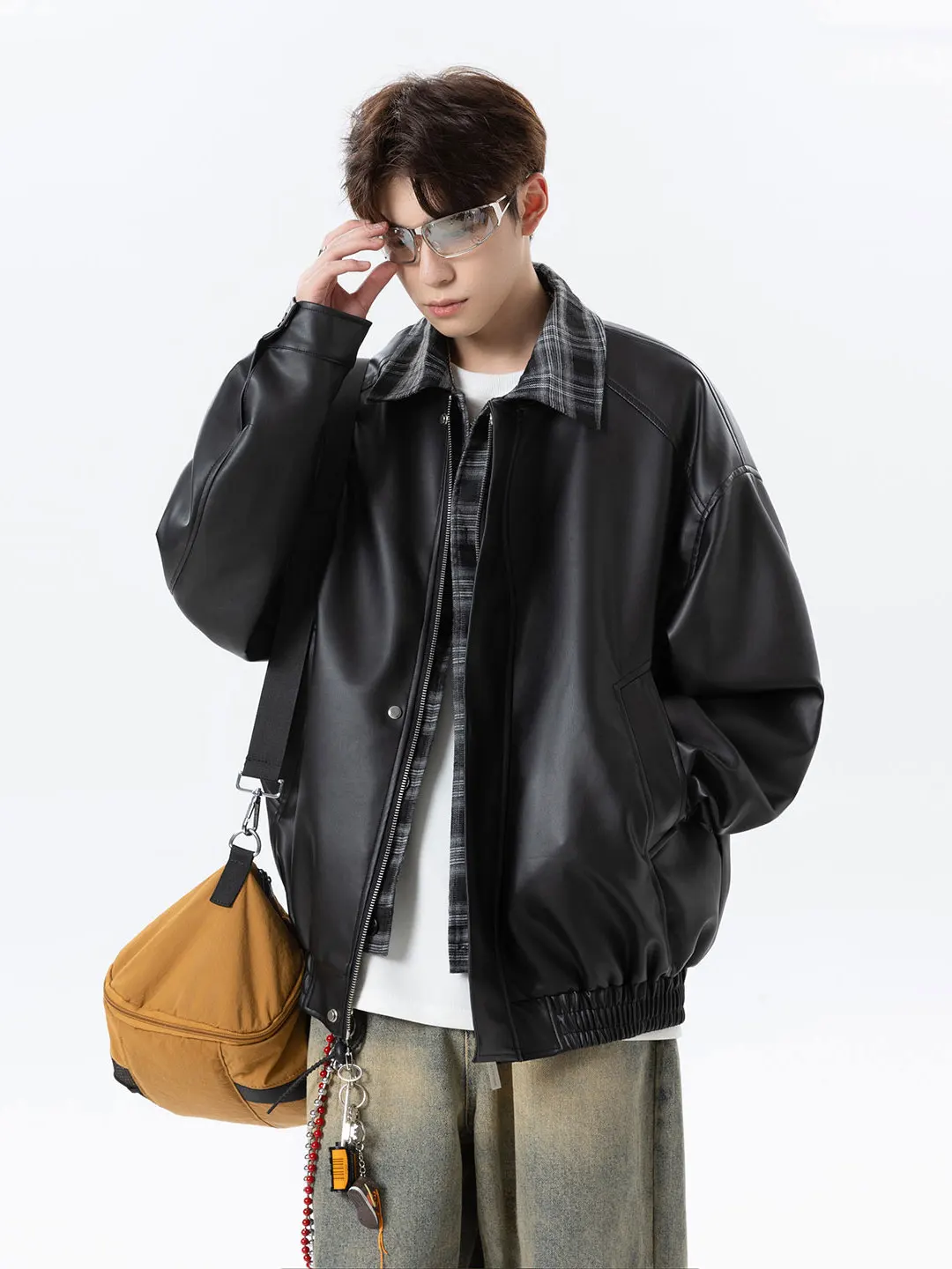 

Модный клетчатый лоскутный воротник, мужская кожаная куртка, осенне-зимняя рабочая одежда, водонепроницаемая искусственная кожа, длинная застежка-молния све