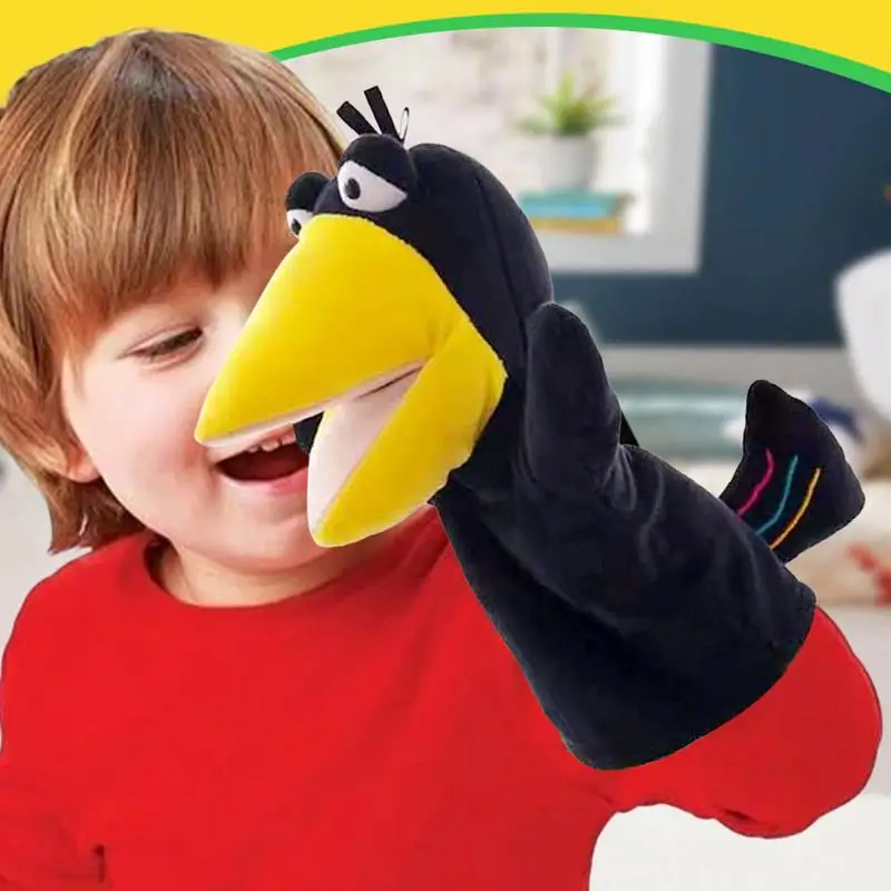 25CM Crow Hand Puppet Kids Finger Puppets with Movable Mouth Animals Dolls Interactive Puppet Toy for Toddler for Stroytelling