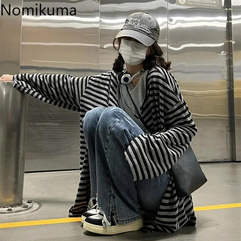 Nomikuma Camisetas Spring Autumn Contrast Color Striped Loose Long Sleeve Tees Harajuku Vintage Fashion Casual Y2k Streetwear