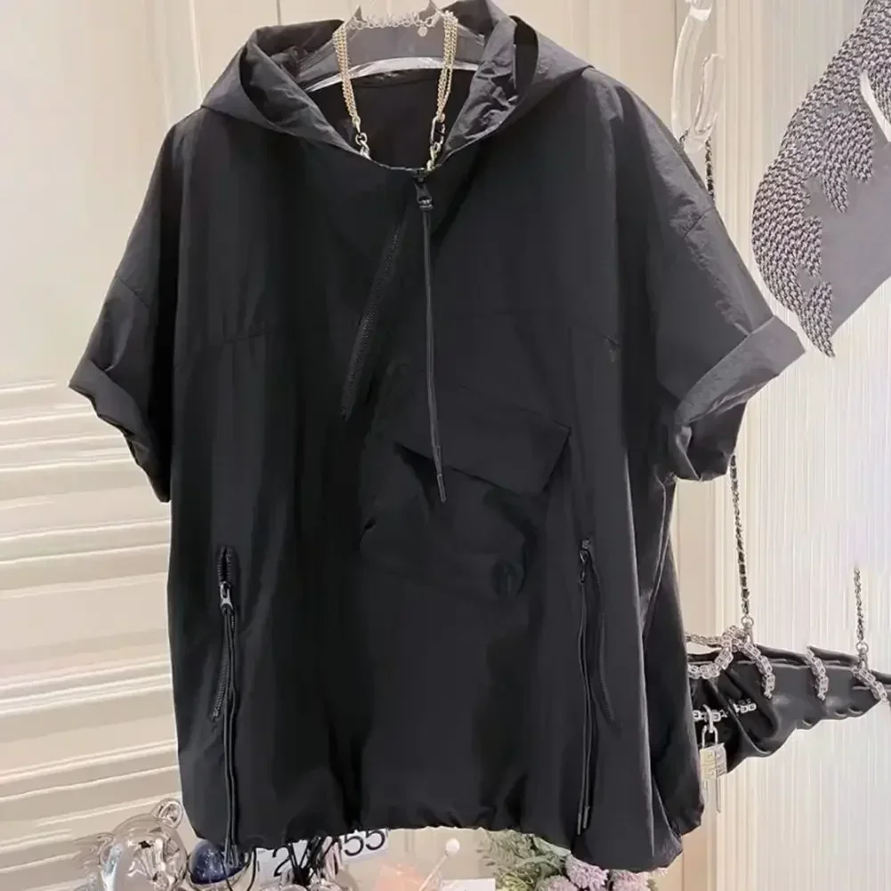 

Casual Hooded T-shirt Style Casual Loose Tee Summer Fashion Top Solid Color Summer Wear Polyester Fabric Short Sleeve