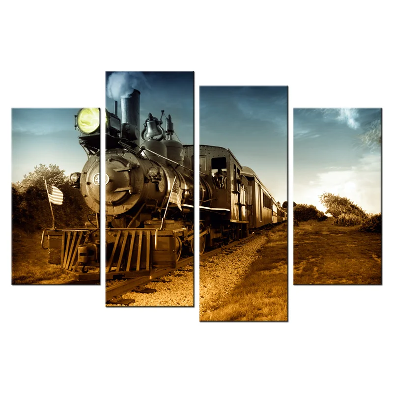 4 Pieces Steam Train Wall Decor Canvas Painting Wilderness Scenery Print Poster Modern Style Picture Living Room Wall Art